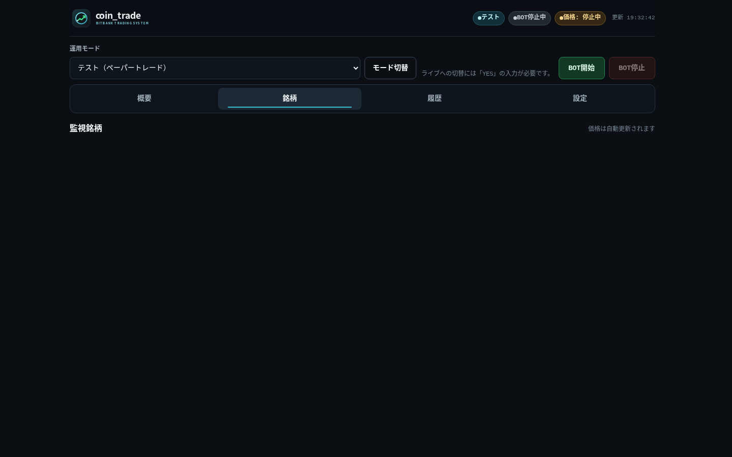 coin_trade の監視銘柄画面（停止中のテストモード）