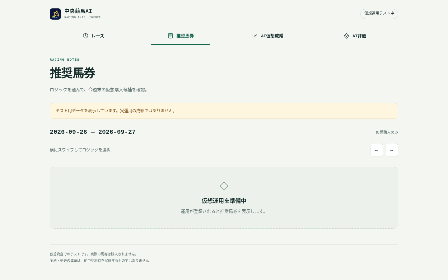 HorseRacingAI ver2.0 の一般ユーザー向け推奨馬券画面（合成データ）